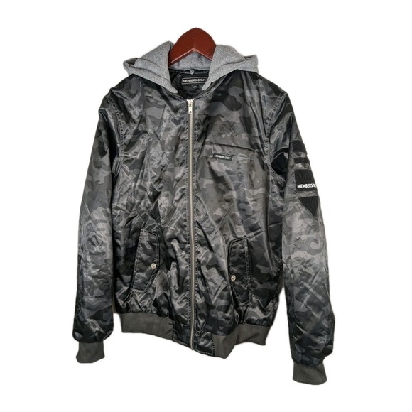 Members Only Bomber Jacket Black Camo Zip Flight Satin Hooded Grunge Mens M A057 - Picture 1 of 14